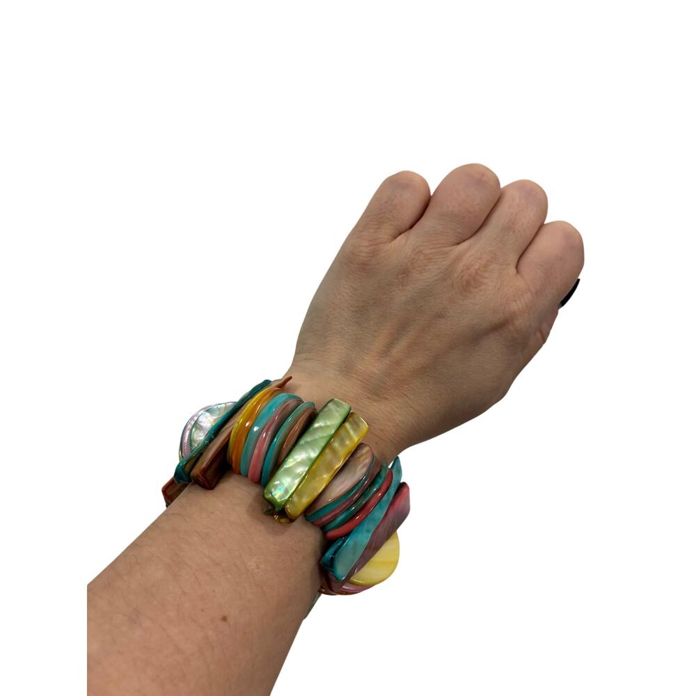 Beaded Mother of Pearl Stretch Bracelet Rainbow Faux Stone One Size Stretchy